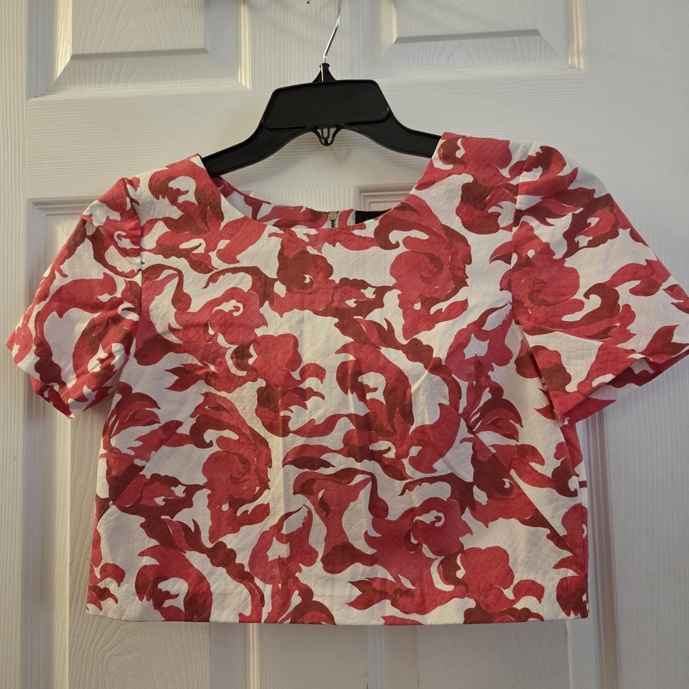 Saloni sz US 6 red/white ss crop‎ top boxy feminine casual party cotton blend